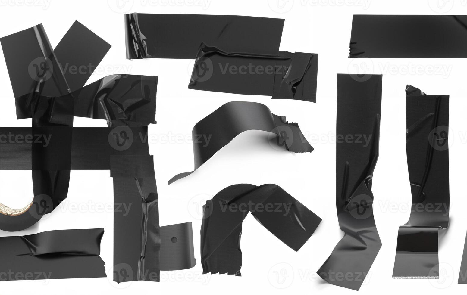 Various pieces of black duct tape in different shapes and sizes isolated on a white background, ideal for design, repair, or DIY projects. photo
