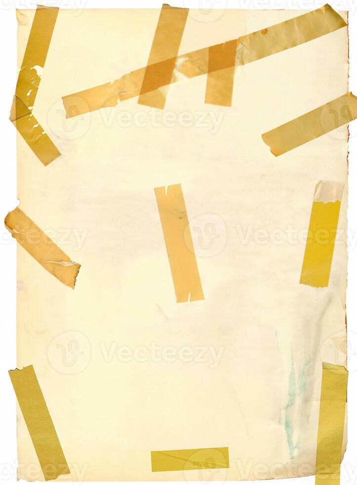 Old worn paper with yellowed tape marks, distressed edges, and faded texture, perfect for vintage background or design use. photo
