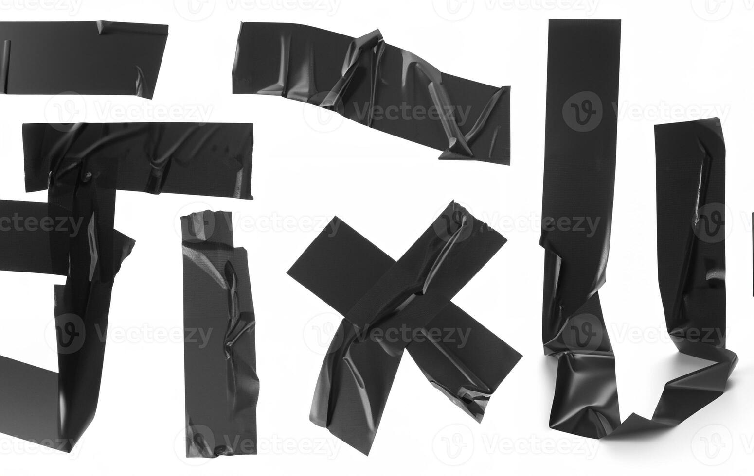 Various pieces of black duct tape in different shapes and sizes isolated on a white background, ideal for design, repair, or DIY projects. photo