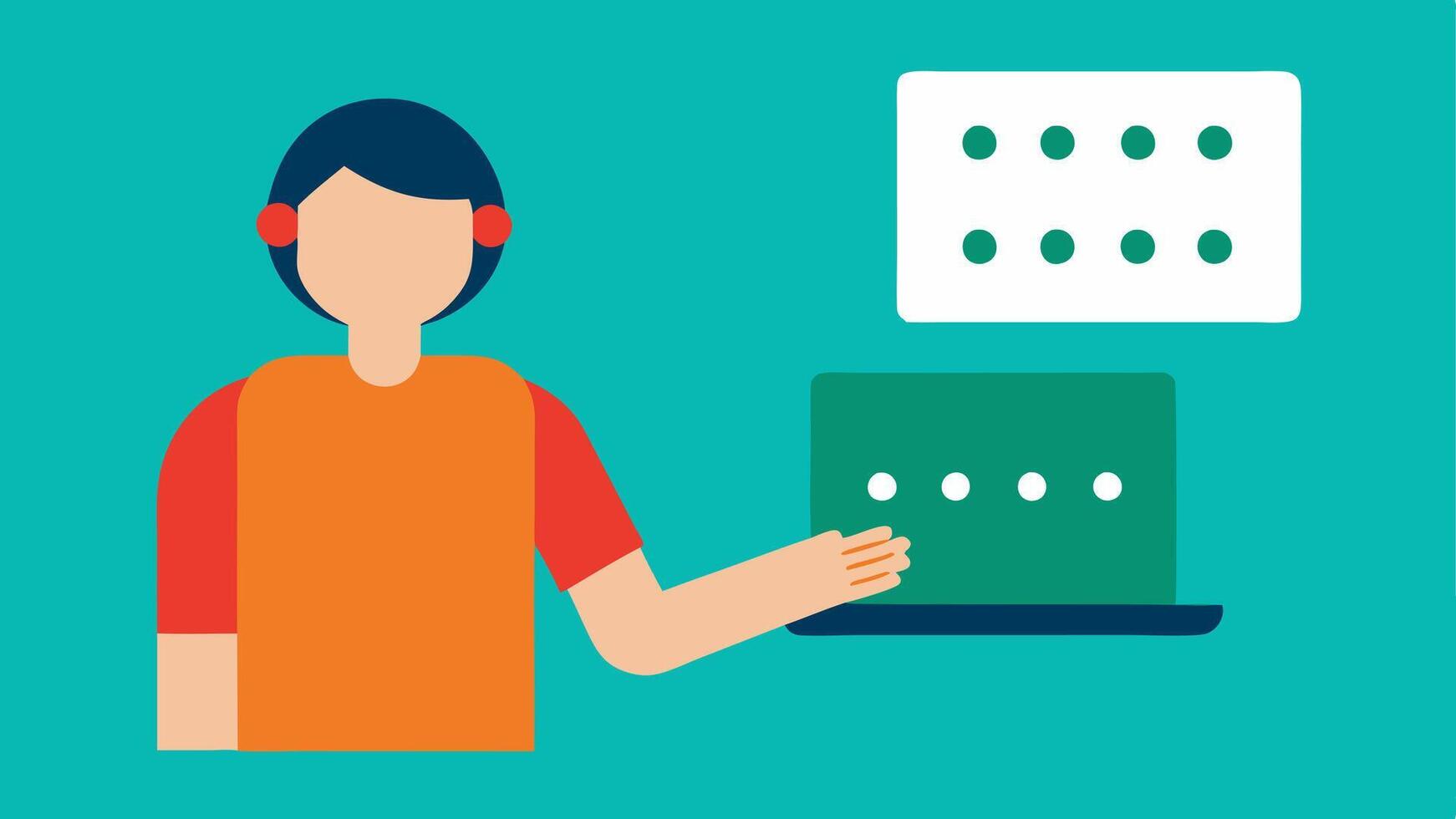 Braille NoteTaker An individual using a Braille display connected to a laptop with their fingers moving over the Braille text showing technology for the visually impaired.. vector