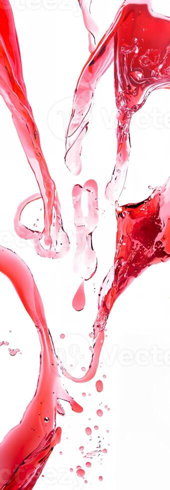 Dynamic splash of red liquid in midair on a white background, creating fluid and abstract shapes. photo