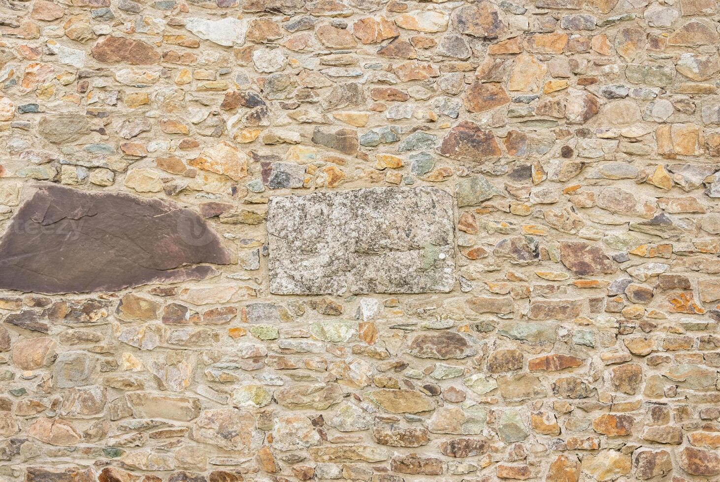 Close-up of a natural stone wall with rough texture and uneven stones, perfect for backgrounds. photo