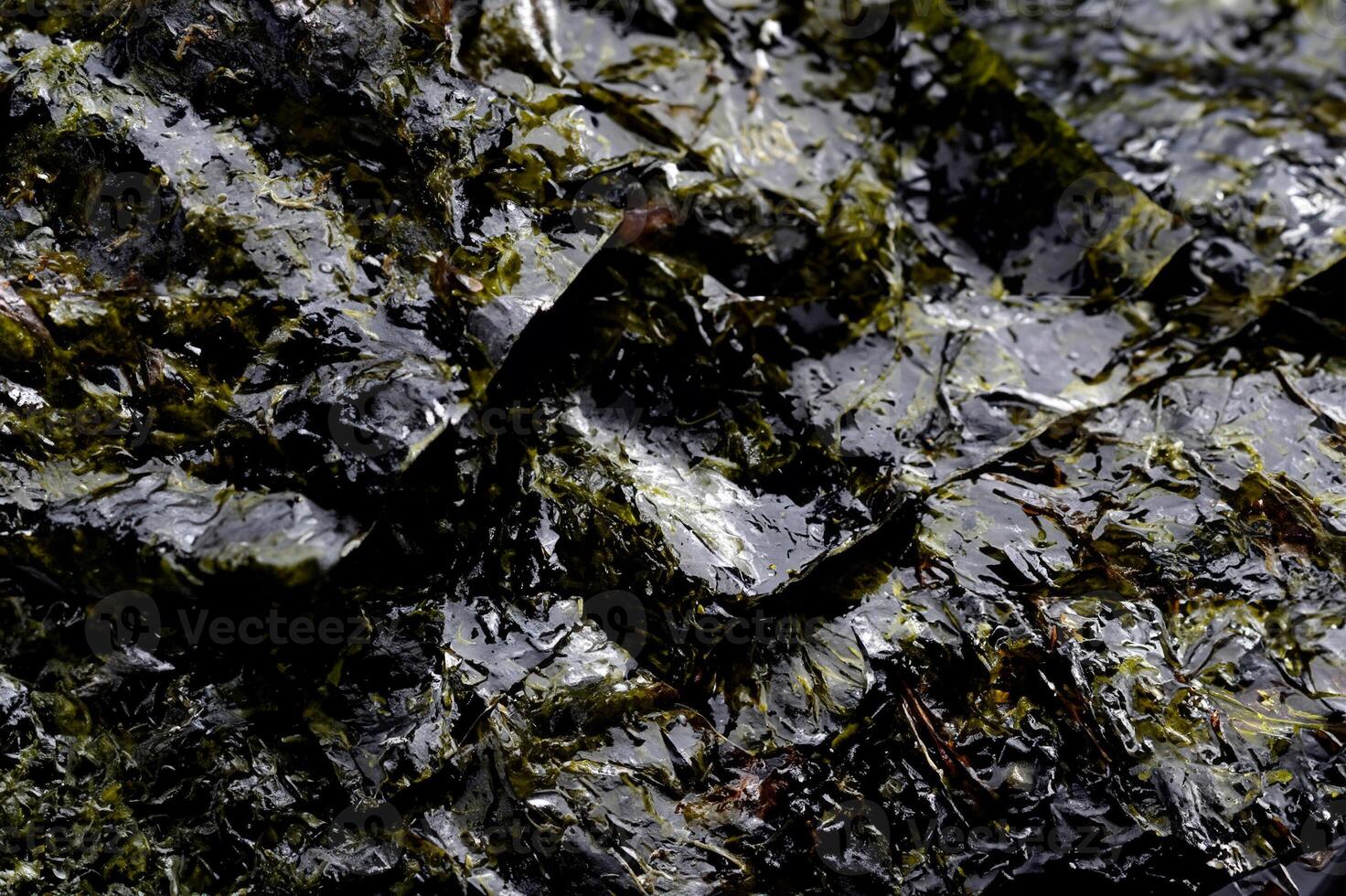 A close-up of a shiny, textured roasted seaweed sheet, ideal for backgrounds, textures, or culinary design elements. photo