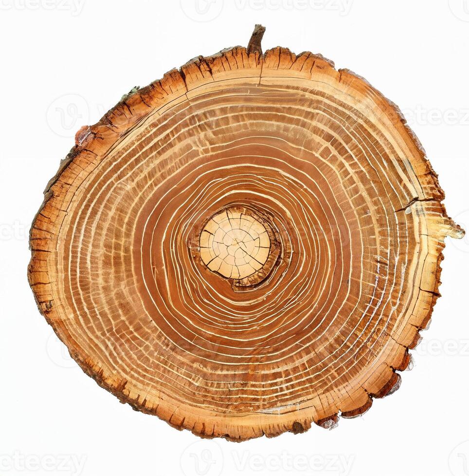 A detailed tree trunk cross-section showing natural growth rings on a white background. photo