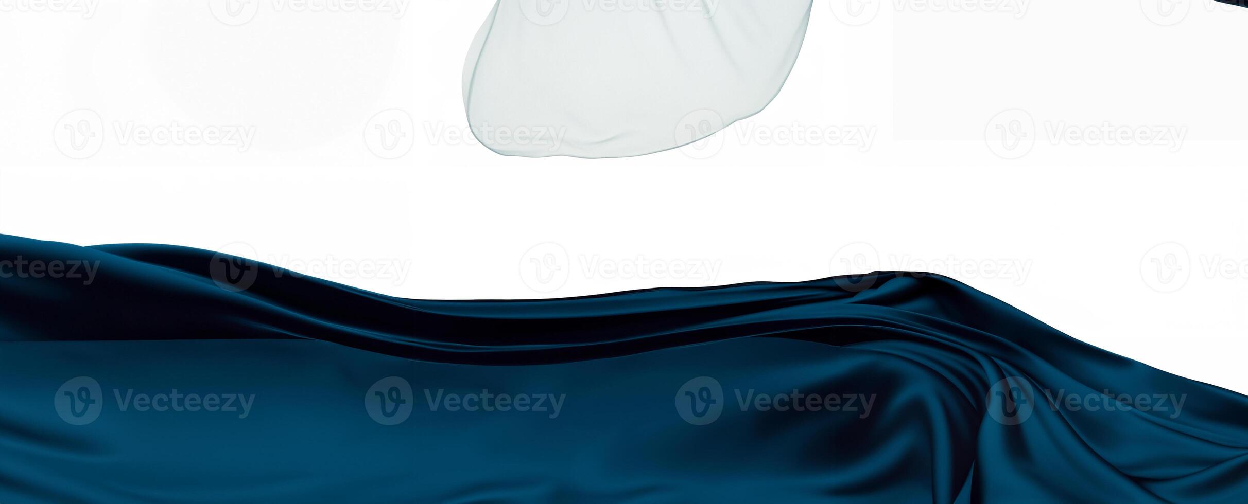 A flowing dark blue fabric elegantly draped on a white background, creating a smooth and abstract visual effect photo