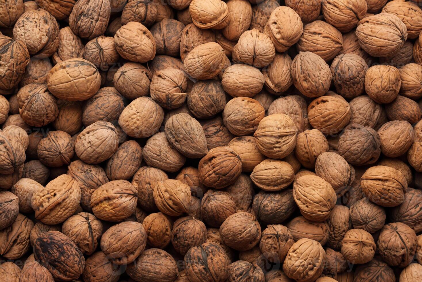 Close-up of a large pile of whole walnuts in their shells, showing a natural and organic texture. photo