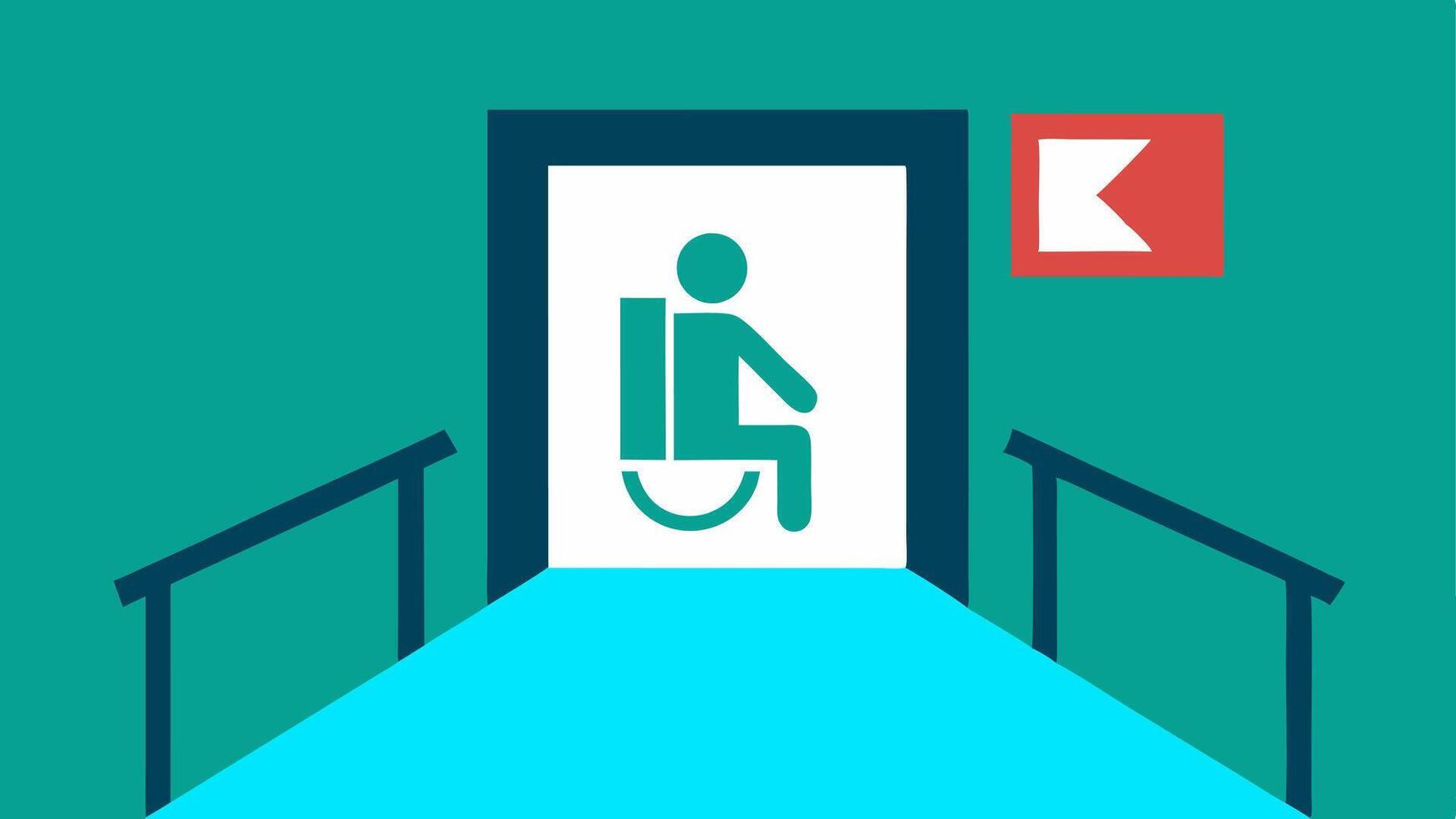 Emergency Services Access An illustration showing clear emergency exit pathways with illuminated signs designed for easy access for individuals with disabilities.. vector