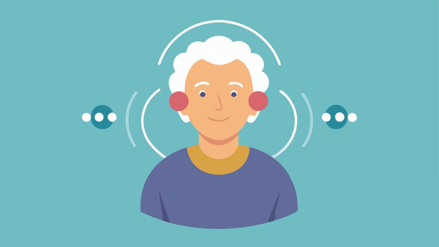 Elderly Person with Smart Hearing Aids An elderly individual wearing modern hearing aids with sound wave icons surrounding their ears representing communication assistance.. vector