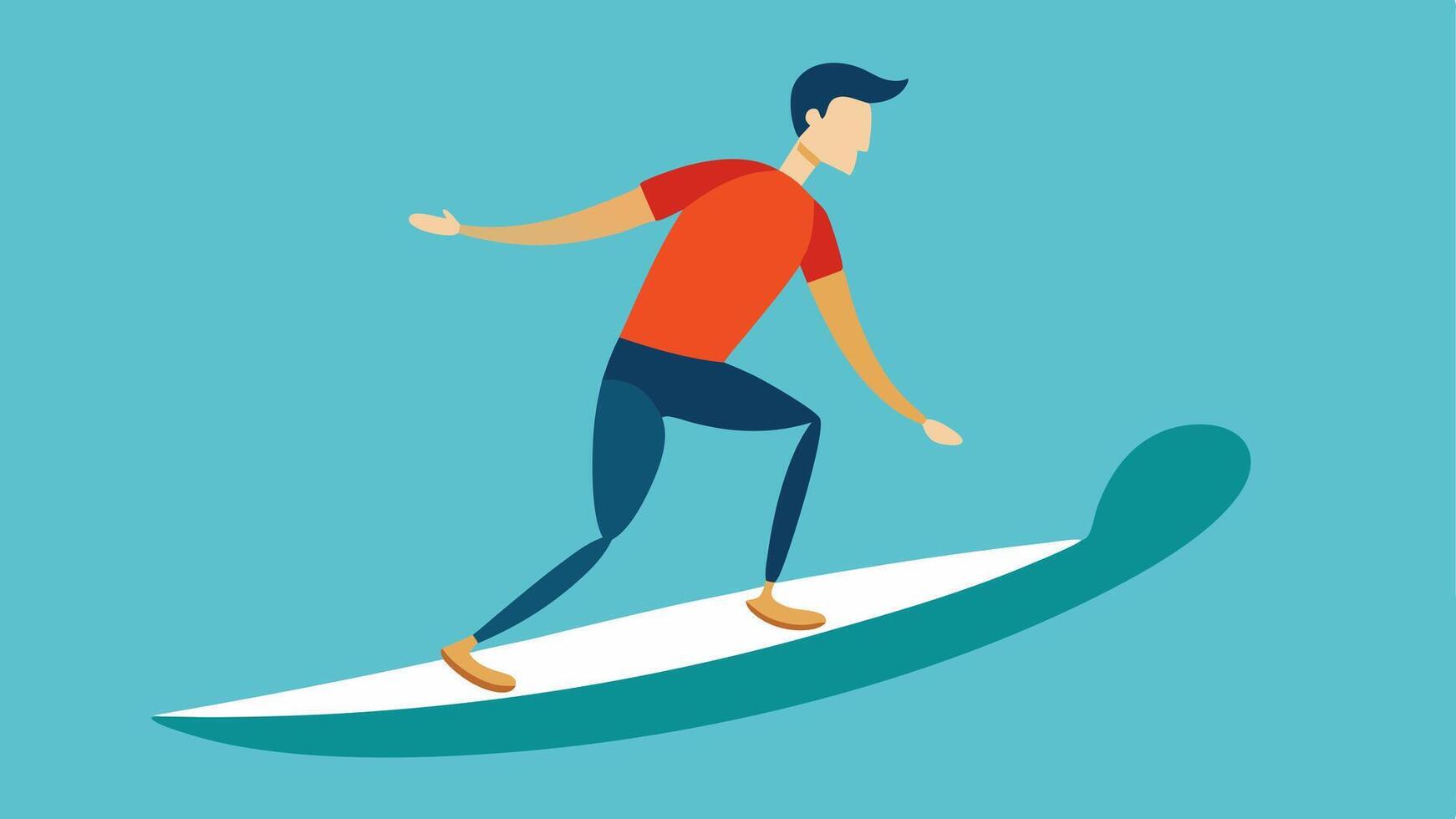 Adaptive Surfboard A surfer standing on a modified surfboard with a flexible prosthetic leg riding a wave and demonstrating balance and skill.. vector