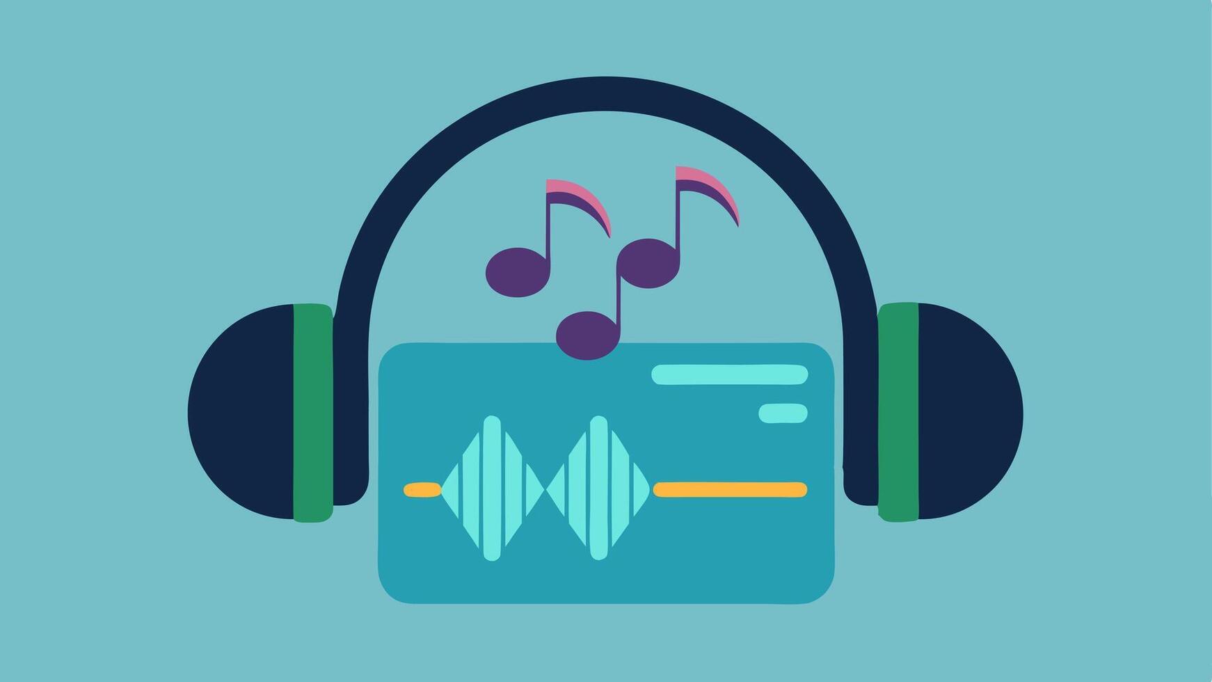 Audio Description Headphones A pair of headphones resting on a movie ticket with sound waves or a musical note emanating from them indicating audio description services.. vector