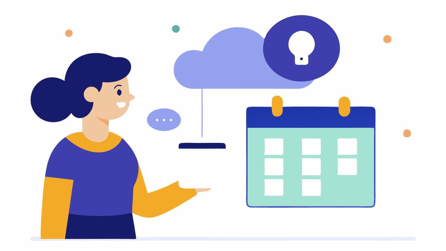 Calendar Scheduling A person looks at a calendar on the wall while interacting with a voice assistant on a tablet and has a thought bubble indicating they are setting up an event.. vector