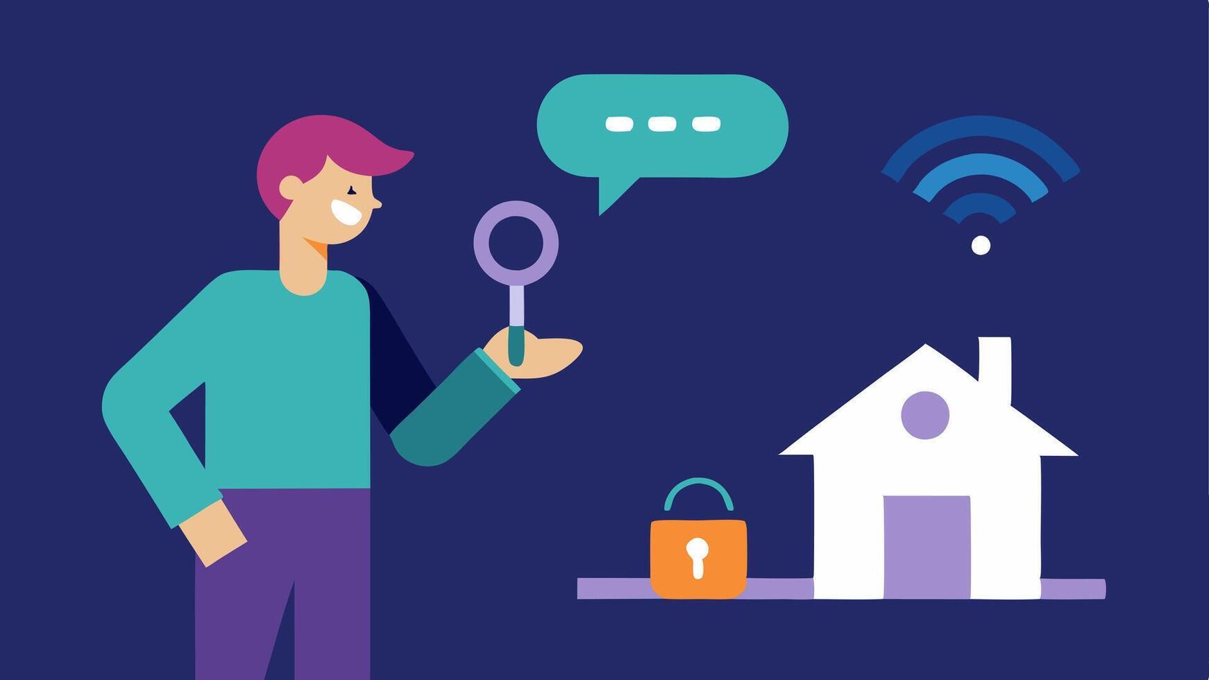 Finding Lost Items A person is searching for their keys speaking to a voice assistant that displays a prompt to help locate items in the house.. vector