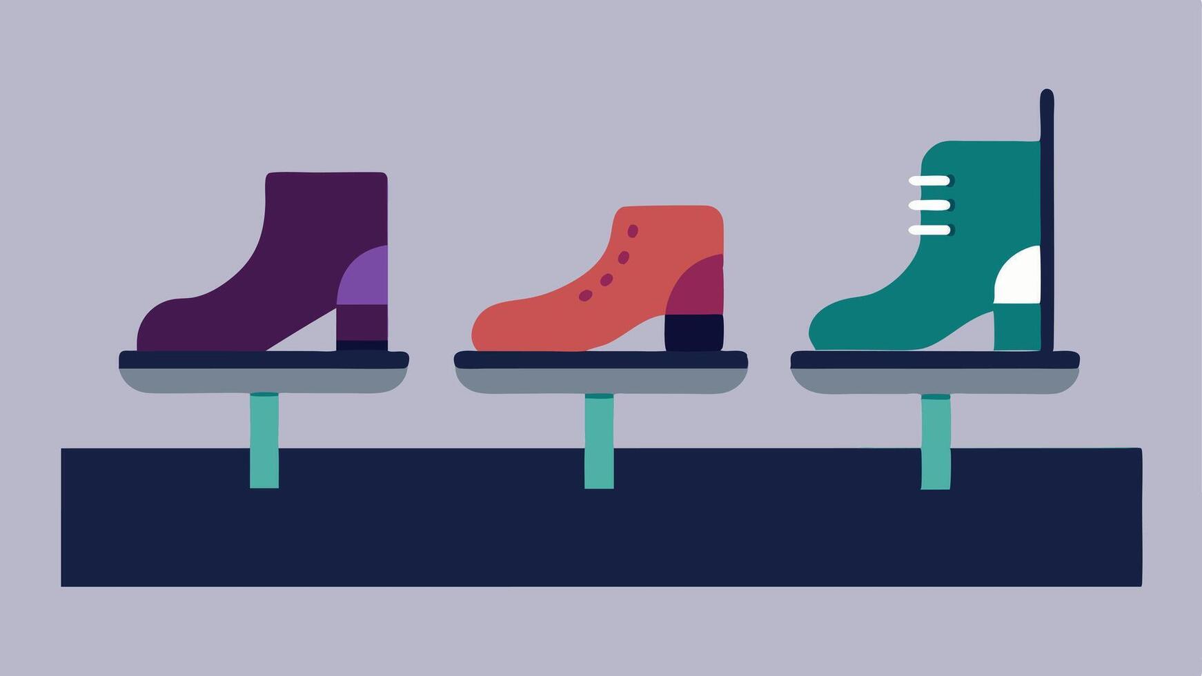 Accessible Footwear Display A footwear display showing shoes with adaptive features such as extrawide designs and easy closures set on a low platform for customer accessibility.. vector