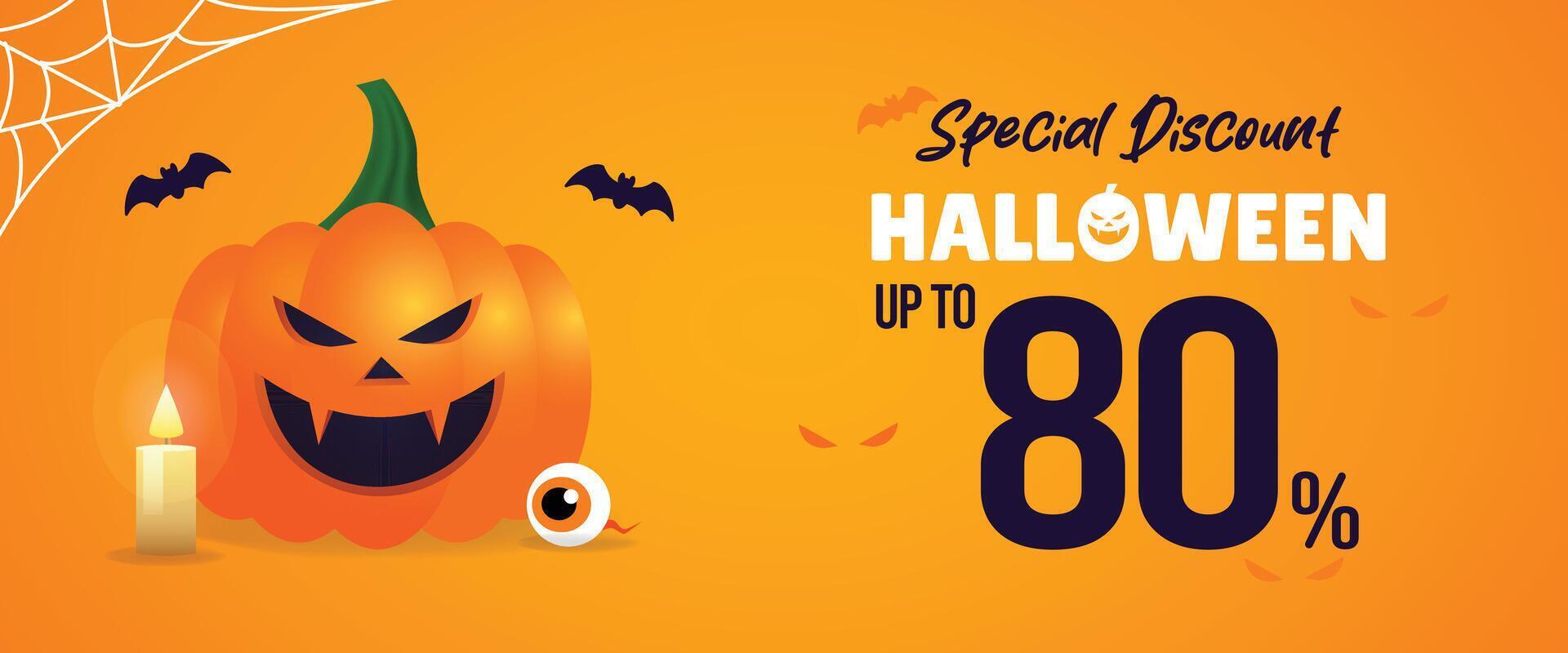 Halloween Discount Sale poster banner with illustration of jack o lantern pumpkin smile expression with eye and candle art illustration in simple background perfect for template asset ads vector