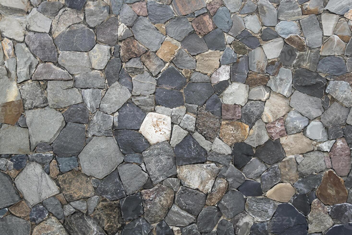 Close-up of a natural stone wall texture with various irregular stones in shades of gray, brown, and beige, perfect for backgrounds. photo