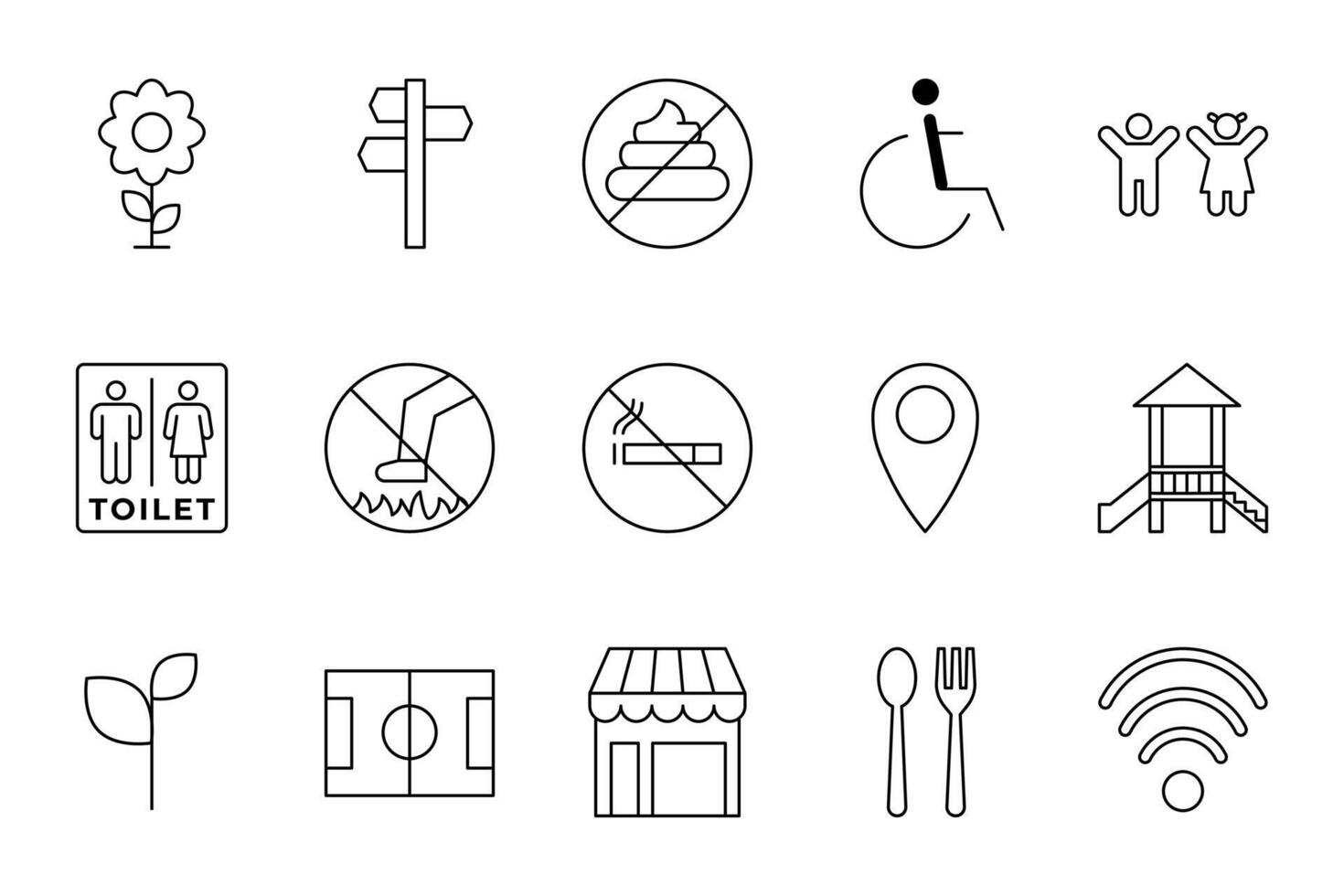 A set of icons for a park, including a toilet, a park bench, a playground, and a map vector