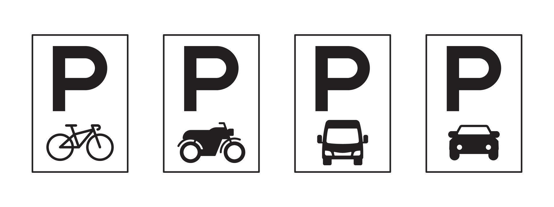 Four parking signs with different vehicles on them. The signs are black and white. The signs are placed in a row vector
