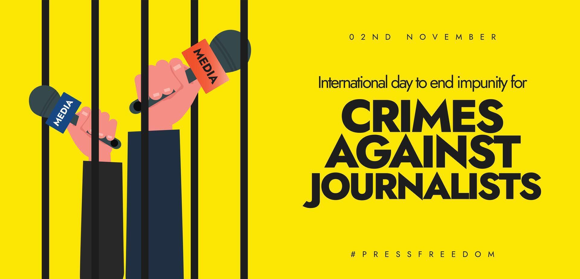 2nd November Crimes against journalist conceptual cover banner, post with hands holding mics behind jail bars vector
