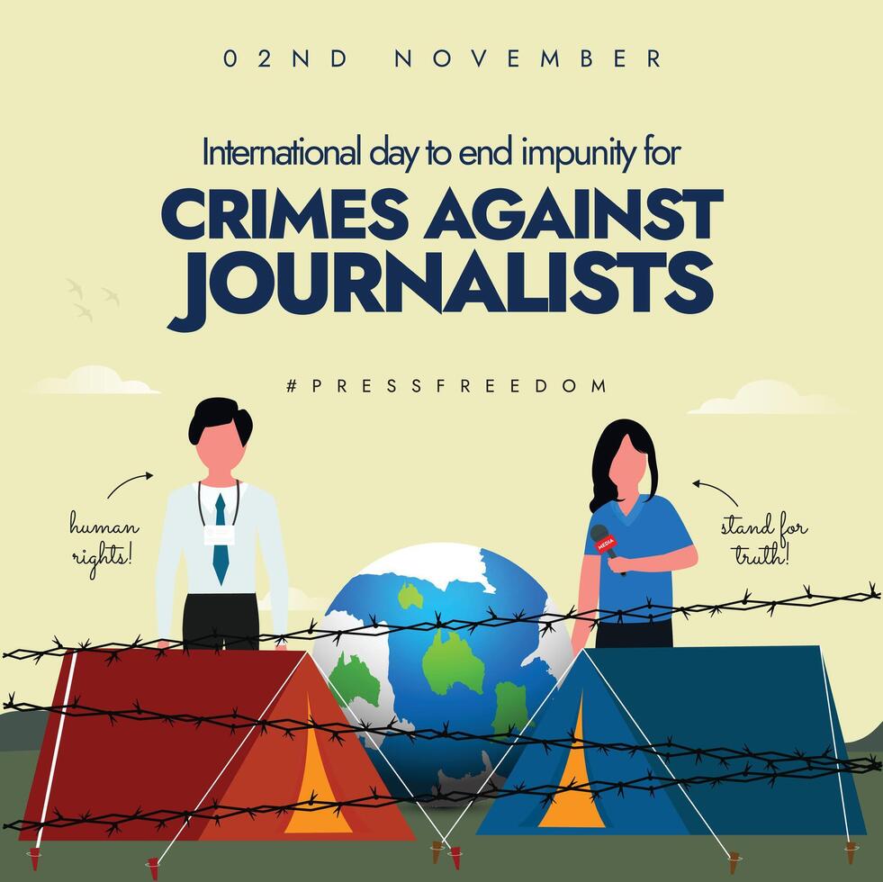 2nd November day to end crimes against journalists awareness banner with two journalist characters holding mic, earth globe, barbed vector