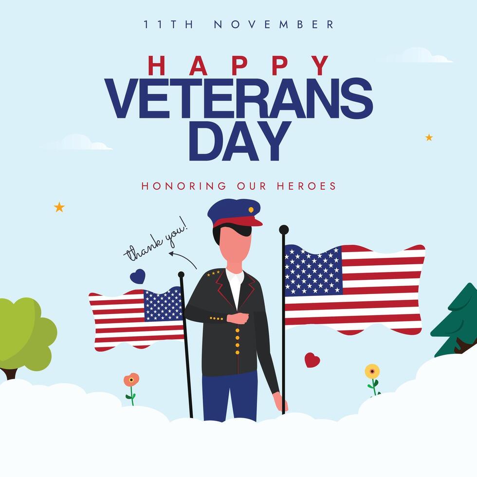 11th November Happy Veterans day celebration banner with American flags, army officer vector
