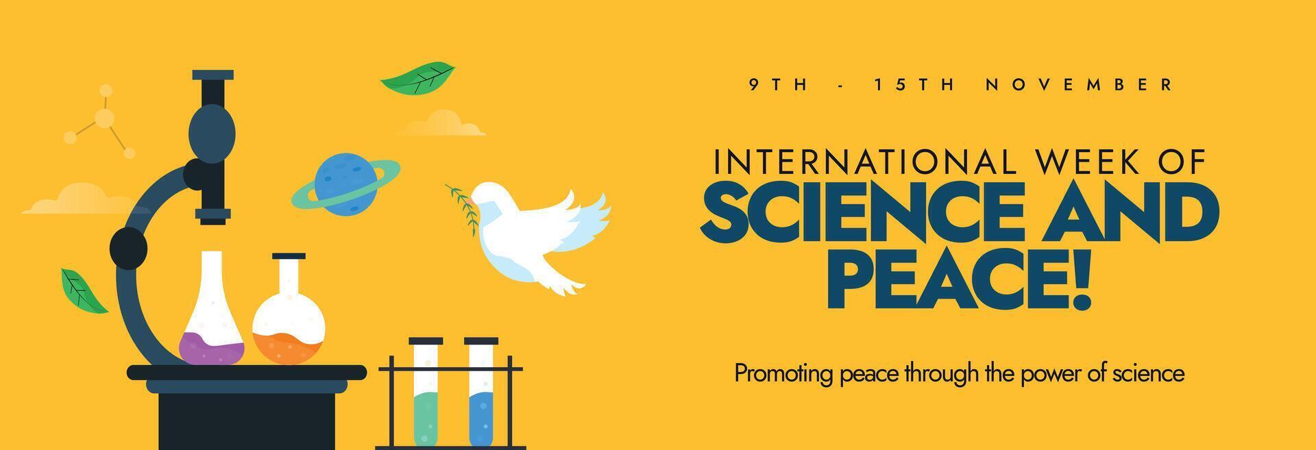 November Science and peace week celebration cover banner with microscope, flasks, beakers, dove. vector