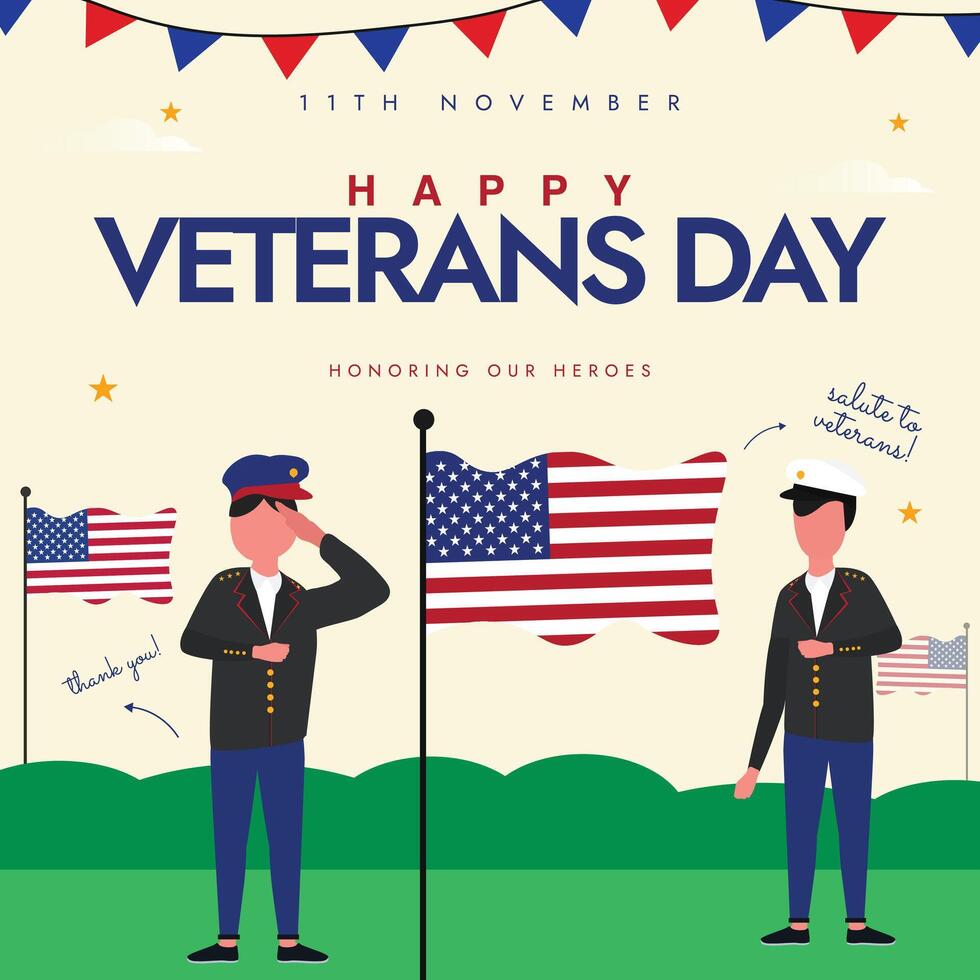 11th November Happy Veterans Day social media banner, post. Two Veterans Saluting American Flags with park background. Veterans celebration banner with, USA flags. vector