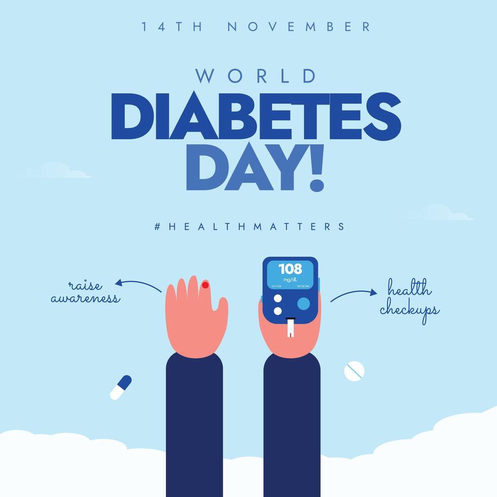 iabetes day banner with a person holding glucometer in on hand and checking sugar from other hand, blood spot on finger. vector