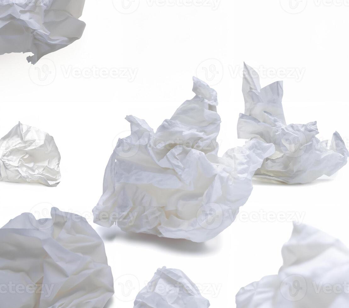 Close-up of a crumpled white tissue paper isolated on a white background, minimalistic and clean concept photo