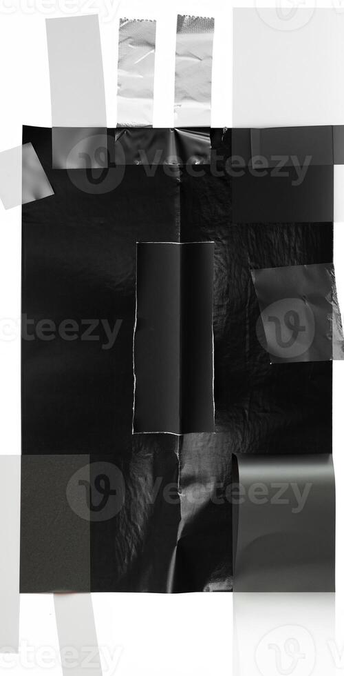 A piece of black paper taped with two strips of transparent adhesive tape on a white background, ideal for design mockups photo