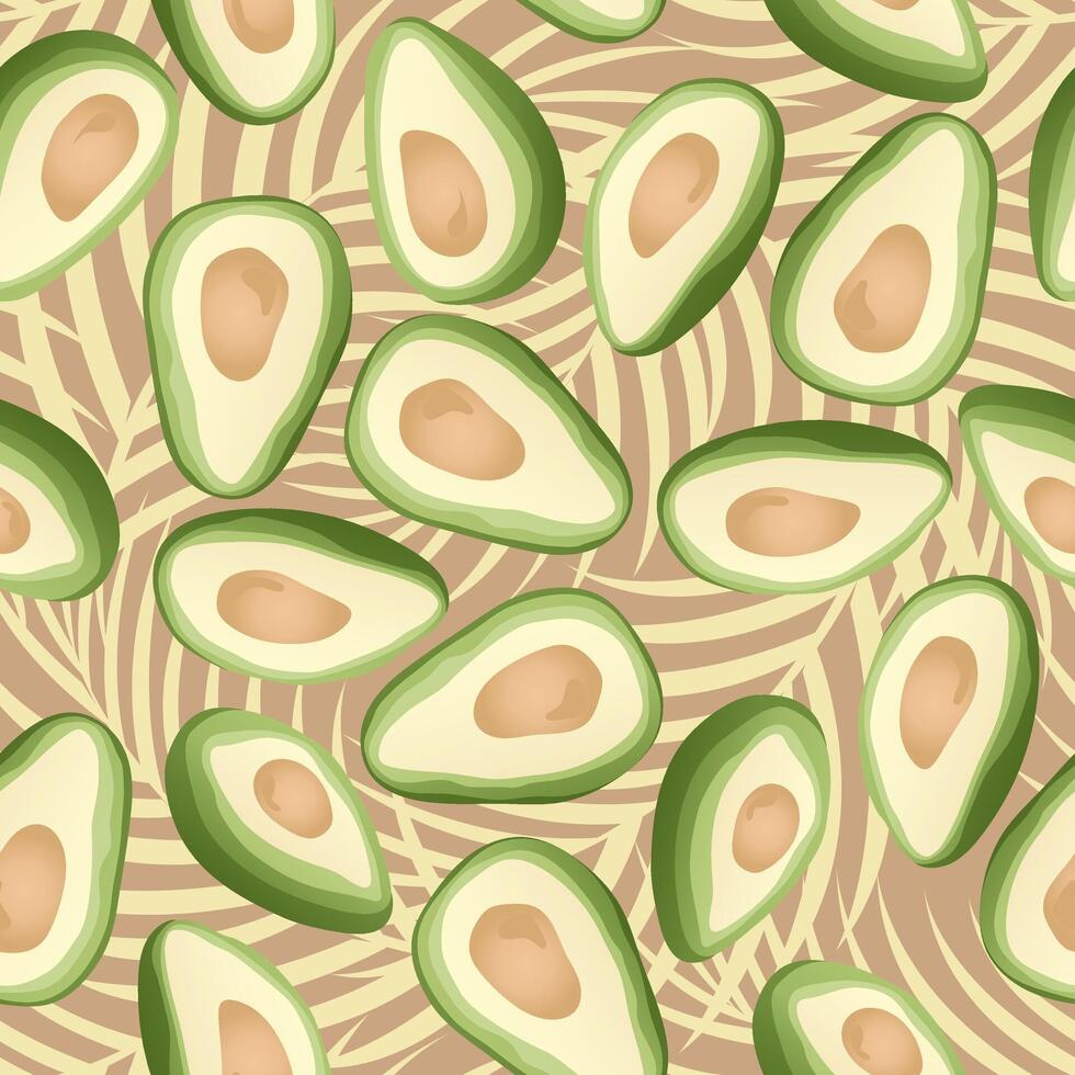 Seamless pattern with hand drawn tropical palm leaves and avocado slice on beige background. vector