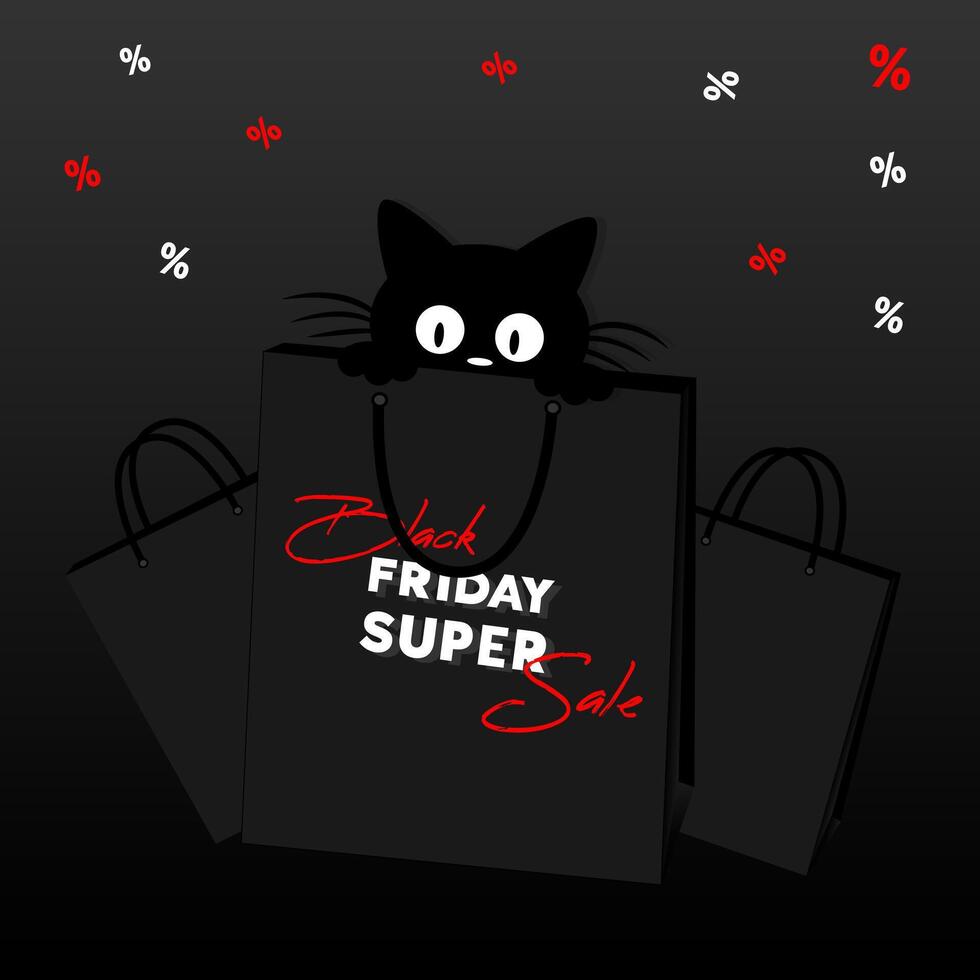 Black Friday. Sale banner, flyer with black cat, sitting in black shpooing bag on black background. vector