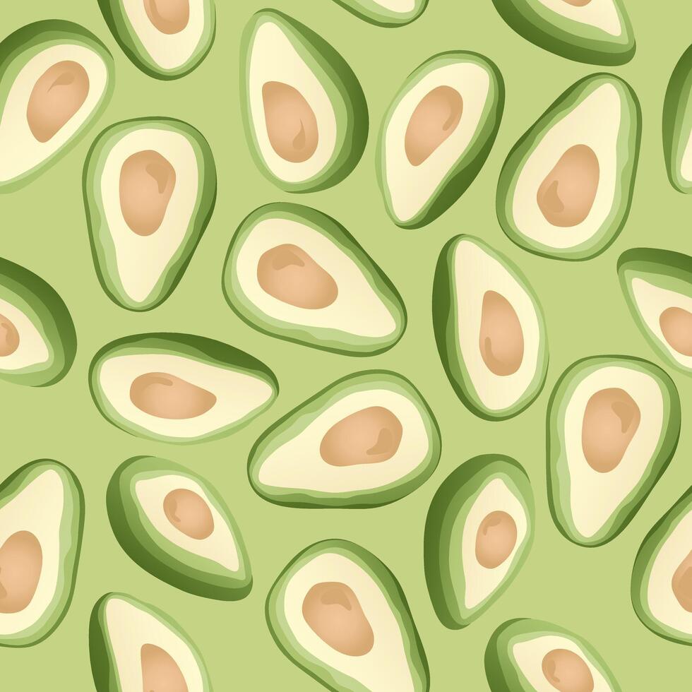 Seamless pattern with hand drawn avocado slice on green background. vector