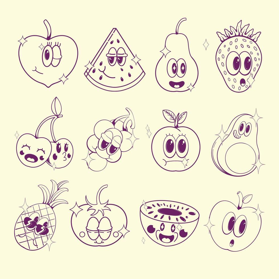 retro fruit design collection line art vector