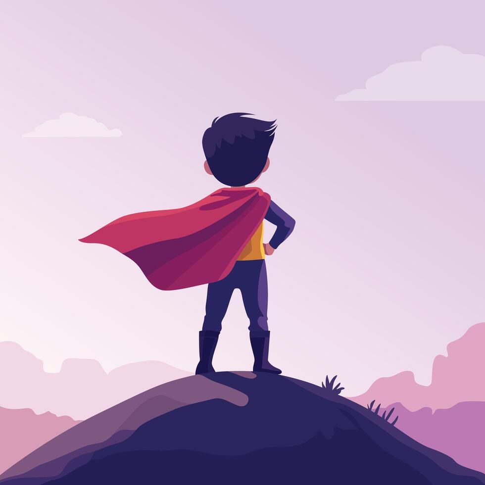 illustration of a child dressed as a superhero standing top of a hill. Children's Day concept. vector