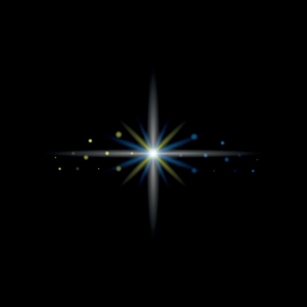 Beautiful big star with white, yellow and blue rays on a black background, glare, beautiful diffused light, light effect vector