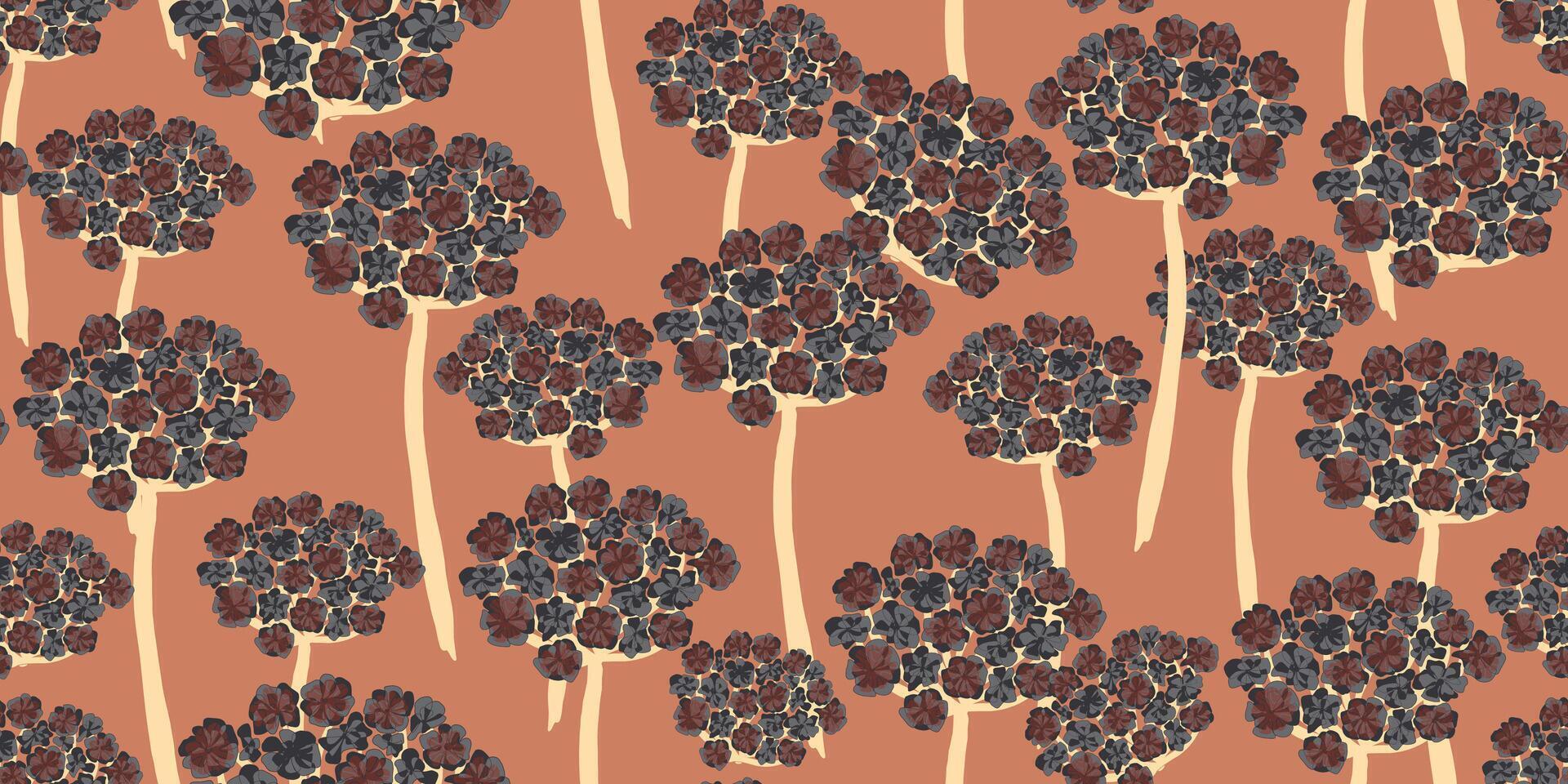 a pattern with brown and blue flowers on an orange background vector
