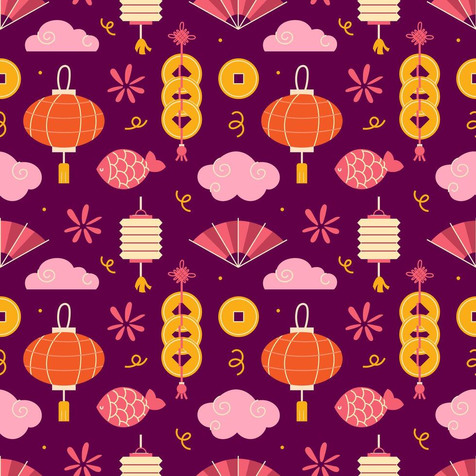 Seamless pattern with Chinese paper lanterns, clouds, coins vector