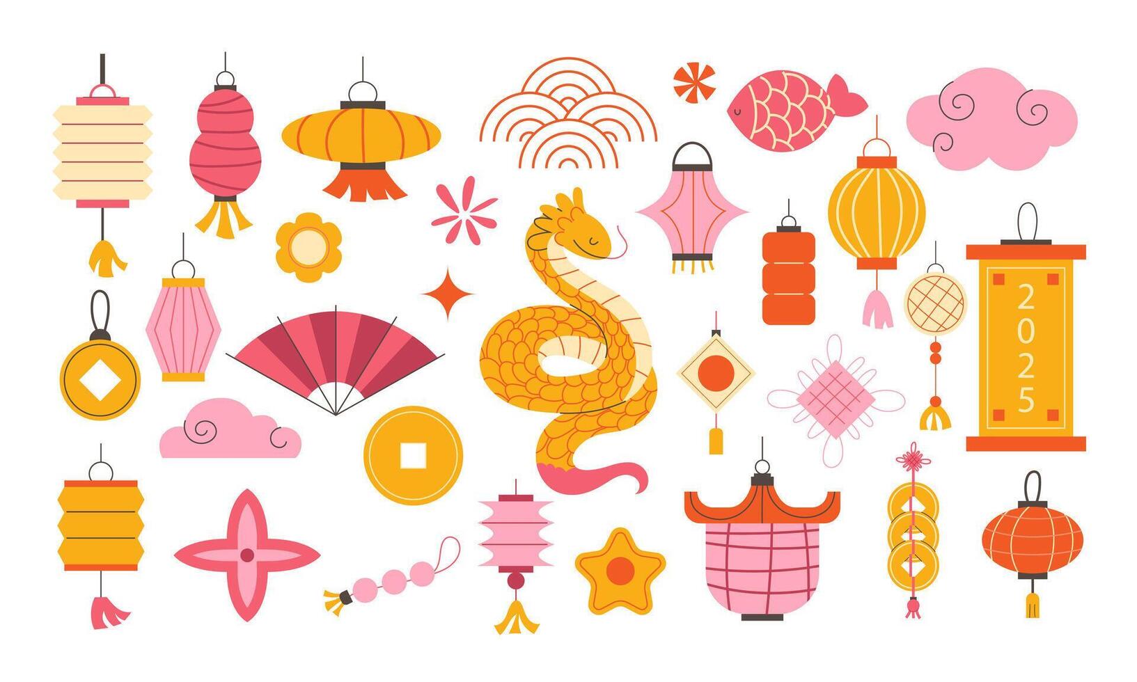 set of hand-drawn elements for Chinese New Year vector
