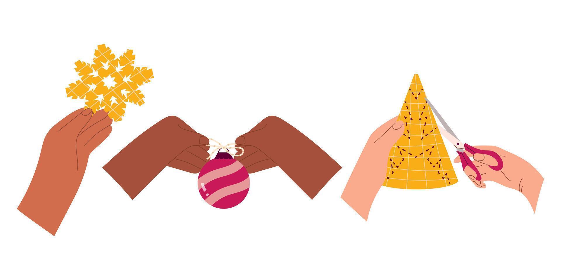set of human hands decorating a Christmas tree, a house. Christmas tree toy, paper snowflake. Hello winter vector