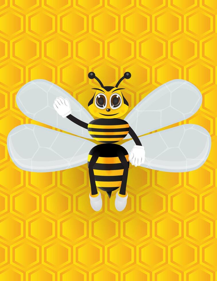 Happy Bee Waving on Honeycomb vector