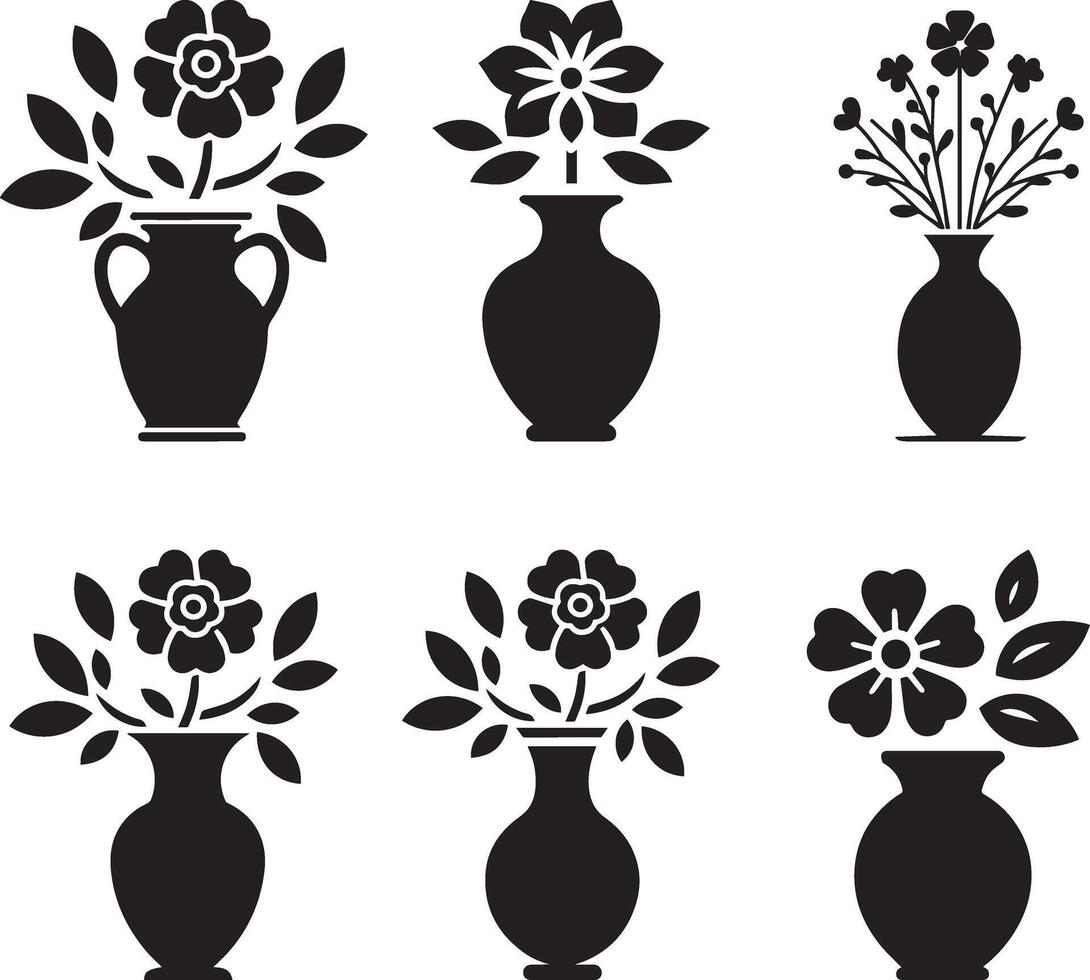 Black and white flowers in vases set of icons vector