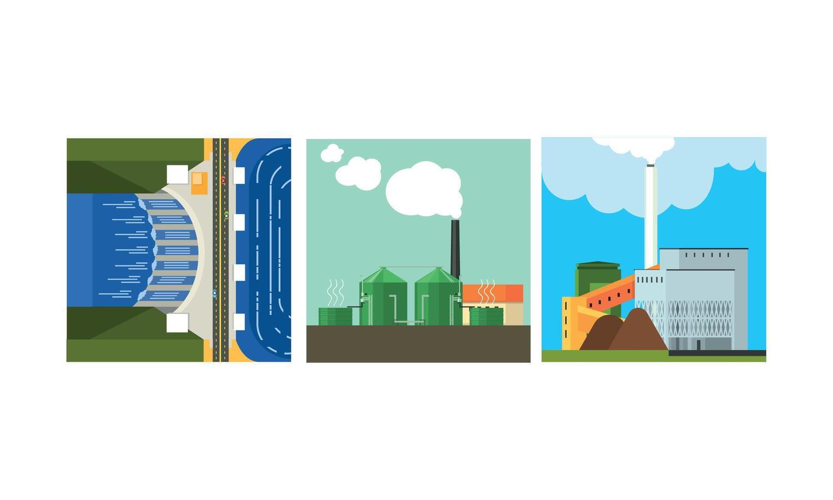 Power plants, clean and polluting energy generation production, alternative energy Illustration vector