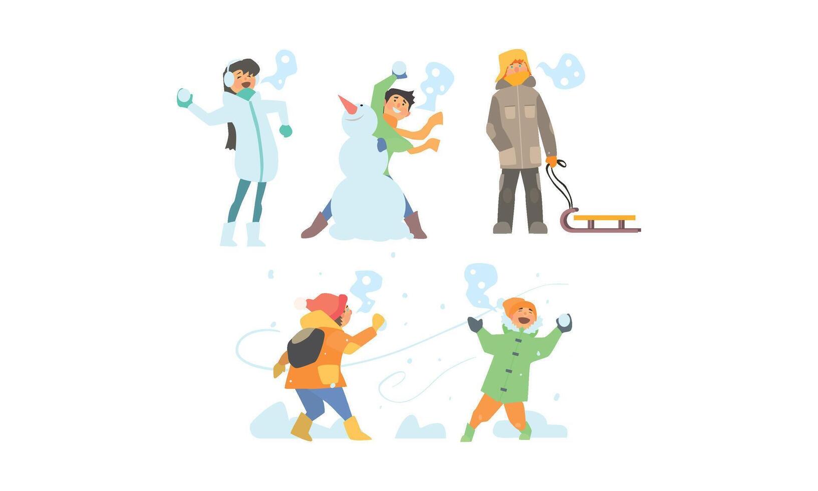 Winter activities set, making snowman, playing snowballs, kids having fun and enjoying snow Illustration vector