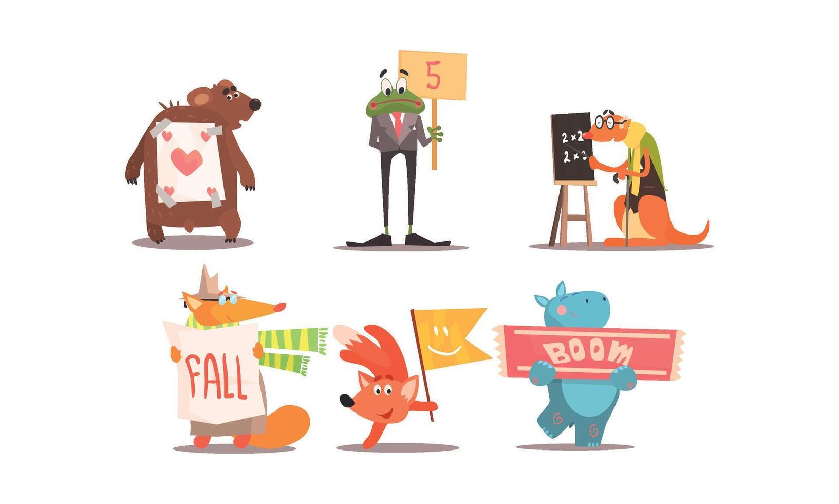 Cute humanized animals set, funny animals with different signs Illustration vector