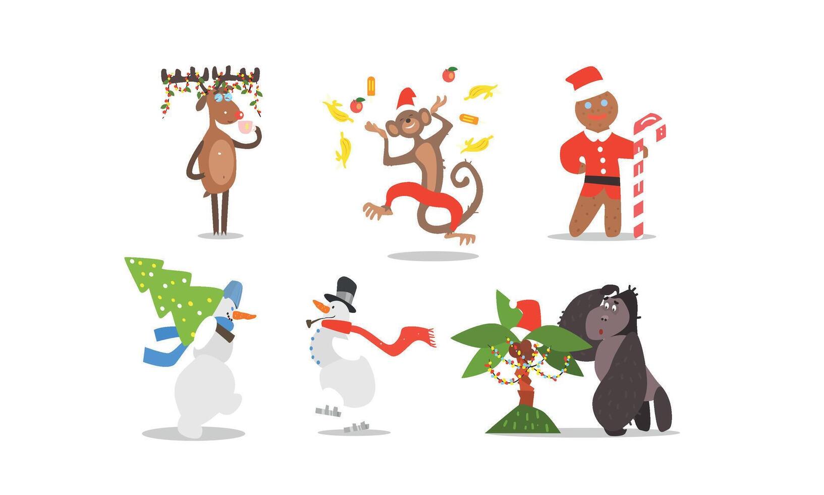 Funny Christmas characters for winter Holidays design, reindeer, monkey, gingerbread, snowmen, gorilla and palm tree Illustration vector
