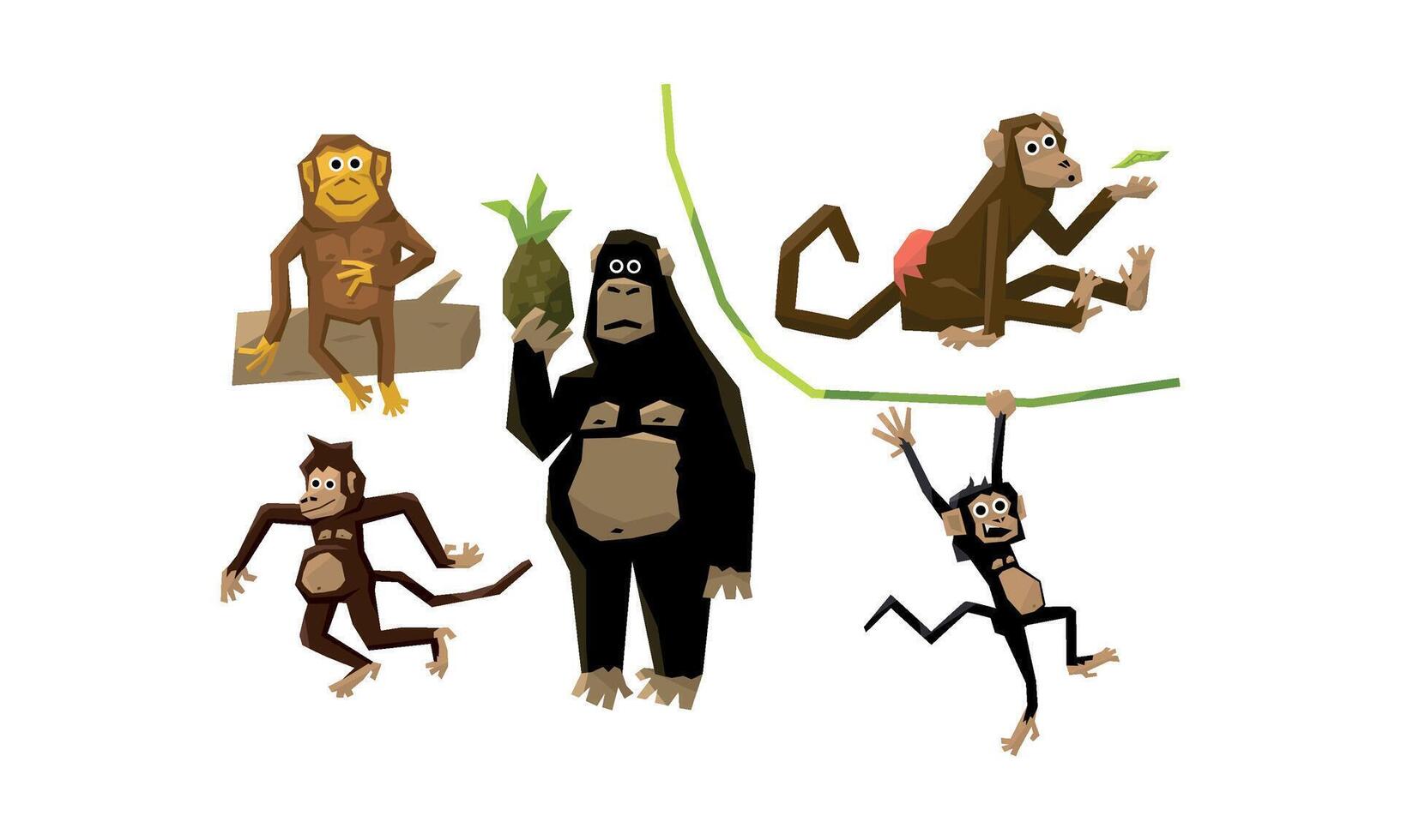 Funny monkeys of various breeds, animal characters eating fruits and hanging on vines Illustration vector