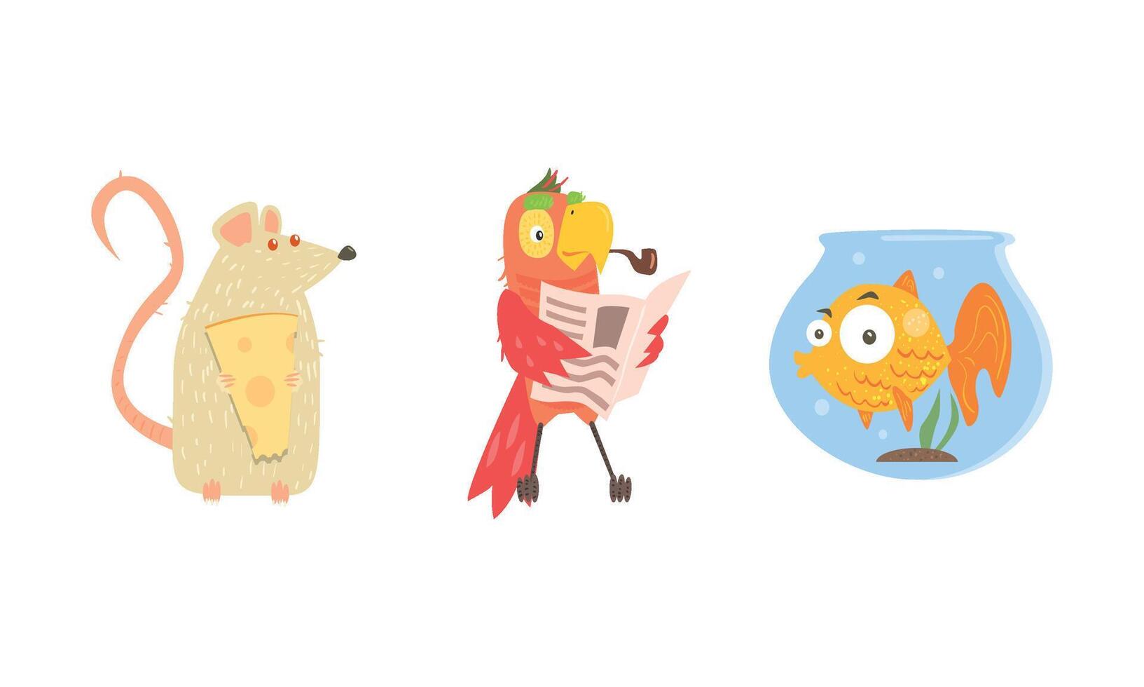 Funny animal characters in different situations, mouse with cheese, parrot reading newspaper, fish in aquarium Illustration vector