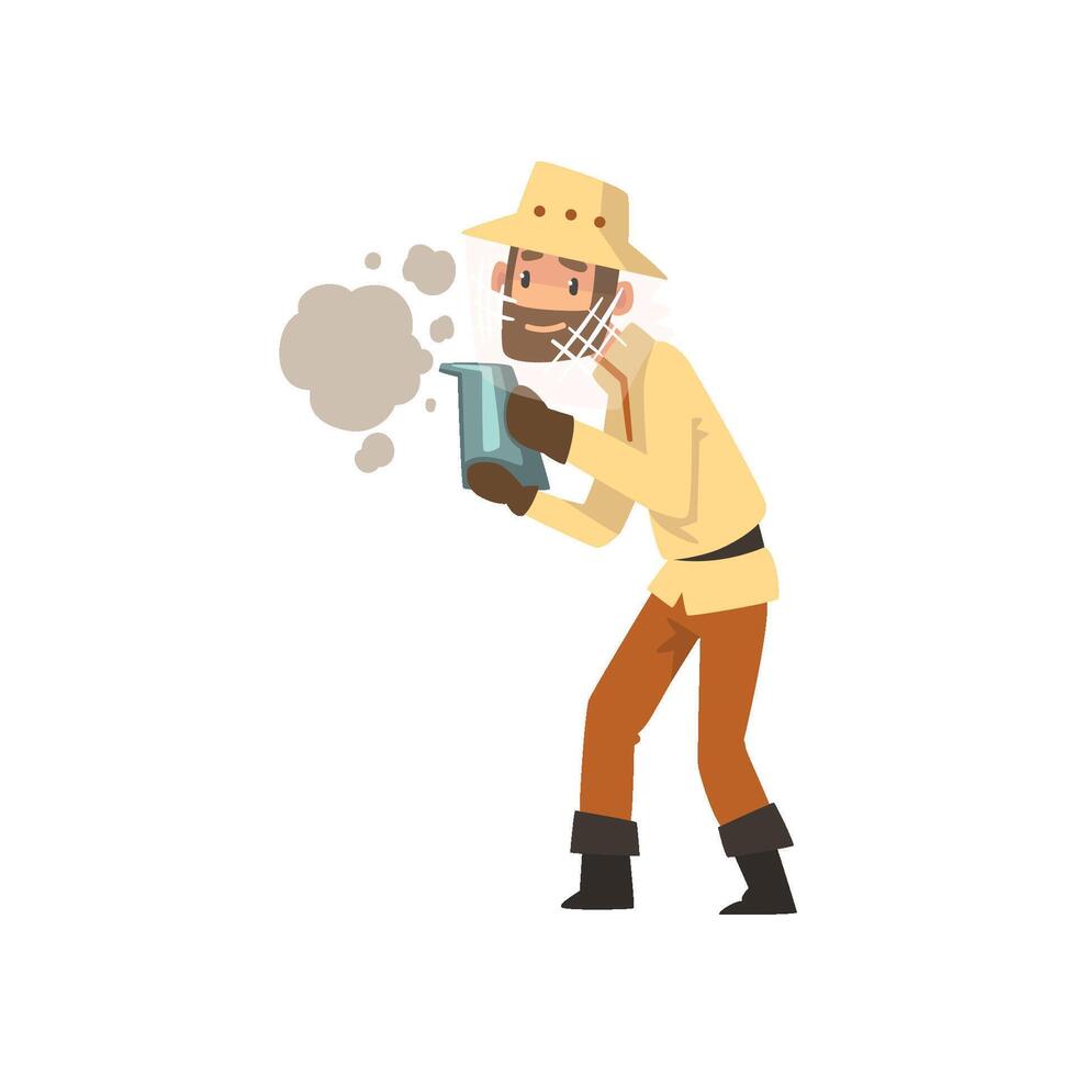 Beekeeper man with smoker, apiculture and beekeeping concept Illustration vector