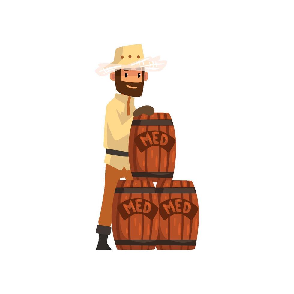Beekeeper man with wooden barrels of honey, apiculture and beekeeping concept Illustration vector