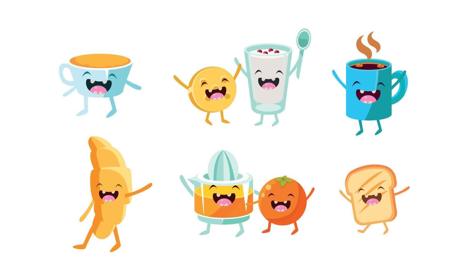 Cute food and drinks characters set, funny healthy breakfast dishes Illustration vector